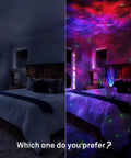Comparison of bedroom with and without Galaxy Star Projector With Bluetooth Speaker Lit Night Light Nebula Cloud Projector effect