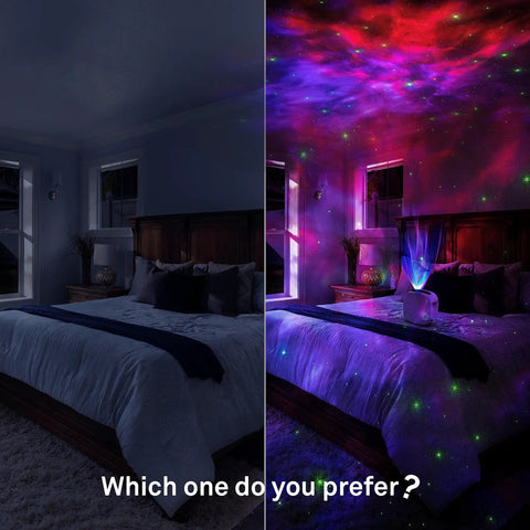 Comparison of bedroom with and without Galaxy Star Projector With Bluetooth Speaker Lit Night Light Nebula Cloud Projector effect