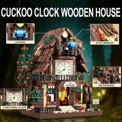 Cuckoo Clock House Building Set Compatible With Lego wooden model with functional clock and waterwheel, front view