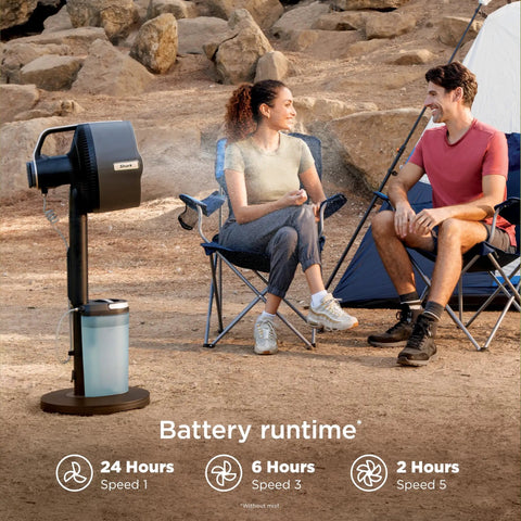 FlexBreeze Pro Mist Fan Indoor Outdoor Chill Machine misting campsite with two people, battery runtime options shown