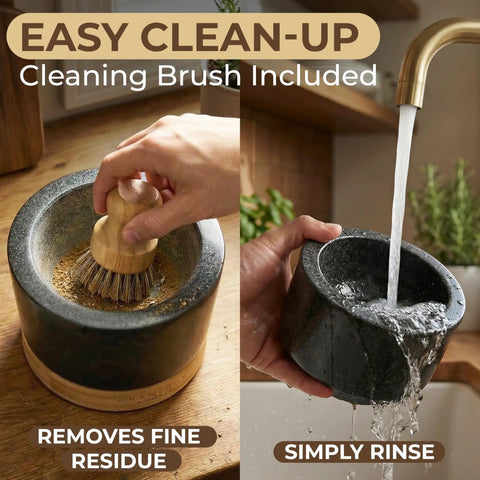 Mortar And Pestle Set Heavy Duty Granite Stone Grinder With Stable Bamboo Base Extra Long Pestle And Cleaning Brush in use