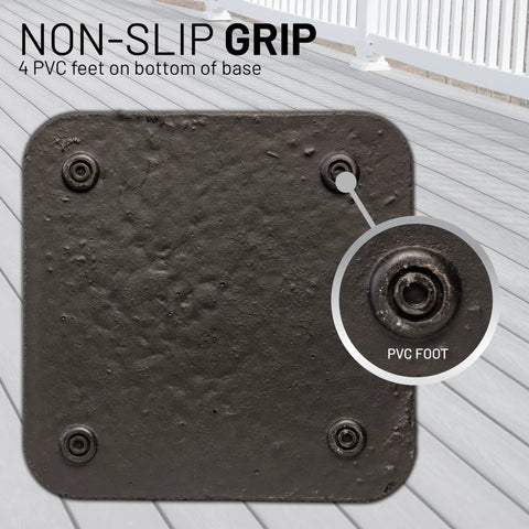 Bottom view of Heavy Duty 26 Pound Cast Stone Outdoor Umbrella Base Stand, showing four PVC feet for non-slip grip on patio surfaces.
