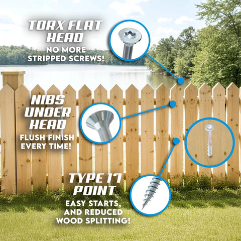 304 Stainless Steel Wood Screws 1 5 Eighth Inch Flat Head Torx T20 Drive Pro Grade Small Deck And Fence Screws 350 Pack shown on a fence