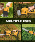 Collage showing 20V Cordless Hedge Trimmer with 2-in-1 Grass Shears, battery not included, for yard and lawn pruning and shaping