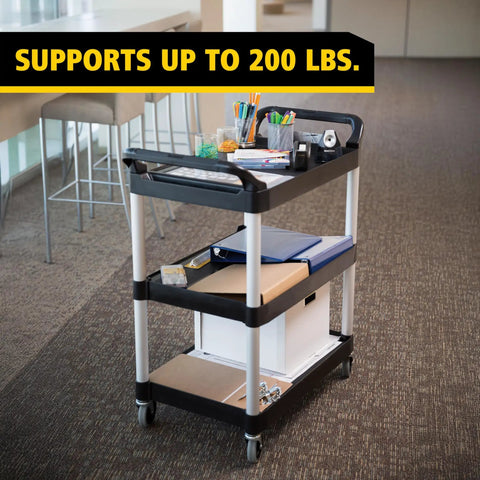 Heavy Duty Three Shelf Rolling Service Cart Built To Haul For Foodservice Restaurant Cleaning And Warehouse Or Garage Use 200 Lb Capacity Black Durable Rust Resistant Easy Maneuverable Ergonomic Handle in office with supplies