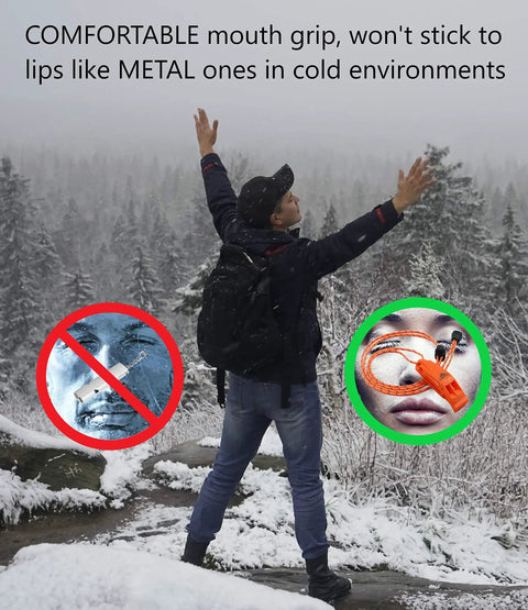Person hiking in snowy forest with Ultra Loud Double Chamber Emergency Whistle With Lanyard For Kayaks Boats Life Vest