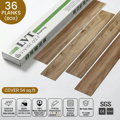 Waterproof Peel And Stick Floor Tile Earthen Oak Vinyl Plank Flooring For Kitchen Bedroom Bathroom RVs Easy DIY Install Durable Rental Friendly Scratch Resistant 54 Sq Ft Coverage 36 Planks 6 By 36 Inches