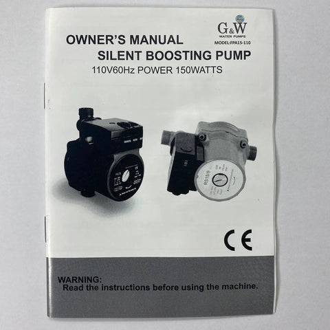 Owner's manual for recirculating hot water booster pump 150W 110V cast iron workhorse with adapters 35 ft head 7 GPM.