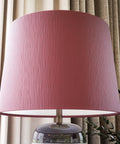 Torino Table Lamp With Ceramic Multicolor Squares Finish, brown tapered drum shade close-up, classic style, modern home vibe
