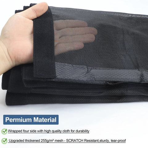Hand holding Heavy Duty Magnetic Screen Door with Reinforced 255g/m2 Mesh showing material durability and thickness.