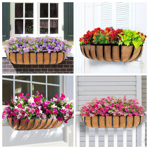 24 Inch Railing Planter With Adjustable Brackets Window Box With Coco Liner Hanging Flower Metal Planter For Indoor Outdoor Use On Balcony Deck Fence Porch Patio Black Set Of 2 Heavy Duty Rust Proof No Fuss