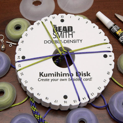 Round Kumihimo Disk For Braiding Jewelry Making, 6 Inch Diameter, 0.75 Inch Thick Double Dense Foam, shown with cords.