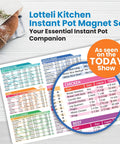 Pressure Cooker Cheat Sheet Magnet Set With 100 Plus Cook Times And Liquid Ratios on table, colorful guide with chicken and beef sections