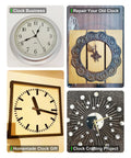 Four DIY clock designs using Battery Operated Clock Mechanism Replacement Kit with Silent Quartz Movement, Hands, and Motor.