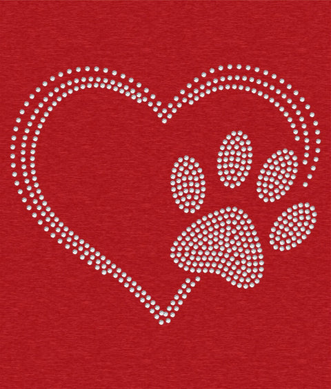 Crystal Clear Hotfix Rhinestone Iron On Transfer With 10ss Gems, Heart With Paw Print Design on red cloth background