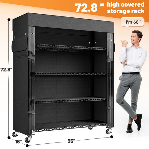 72.8 Inch 5 Tier Heavy Duty Storage Shelving With Cover And Wheels For Pantry Or Garage, Beefy Metal Shelving System With UV Dust Cover, Easy Roll Mobility, Large Storage Space And Enhanced Organization, 35x16in black covered rack