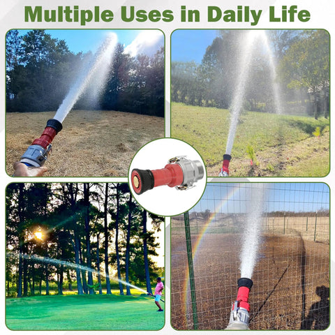 Built Tough 2-Inch NPSH Fire Hose Nozzle With Aluminum Camlock Fittings showing water spray in various outdoor settings