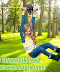 Child using Backyard Zipline Kit For Kids And Adults With 100 Foot Cable 6 Foot Spring Brake Trolley With Handle Seat Bag And Safety Gear