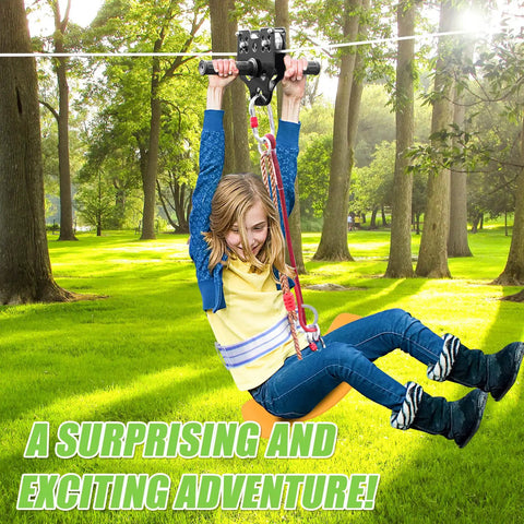 Child using Backyard Zipline Kit For Kids And Adults With 100 Foot Cable 6 Foot Spring Brake Trolley With Handle Seat Bag And Safety Gear