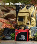 Outdoor scene with backpack and Must Have 160 Piece First Aid Kit With Ice Pack Emergency Blanket And Moleskin Pad Ultra Lightweight Travel Ready Set For Home Office Car Camping And Workplace Safety ISO Certified Red.