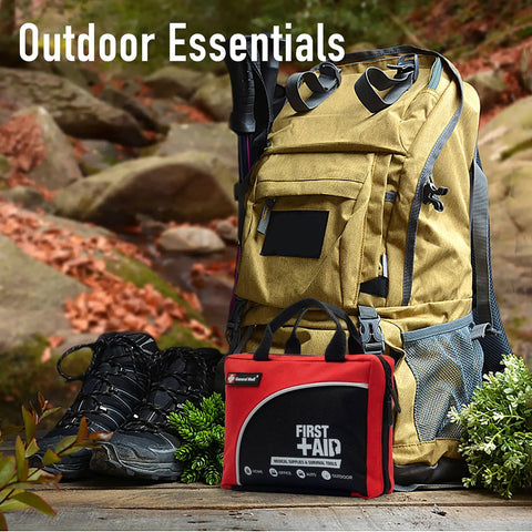 Outdoor scene with backpack and Must Have 160 Piece First Aid Kit With Ice Pack Emergency Blanket And Moleskin Pad Ultra Lightweight Travel Ready Set For Home Office Car Camping And Workplace Safety ISO Certified Red.