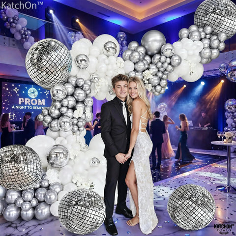 Showstopping 22 Inch Silver Disco Balloons Pack of 6 4D Sphere Balloons for Disco Party Decorations Retro 70s Theme Birthday Anniversary Decor and Photo Backdrops for Lit Party Vibes at a prom event.