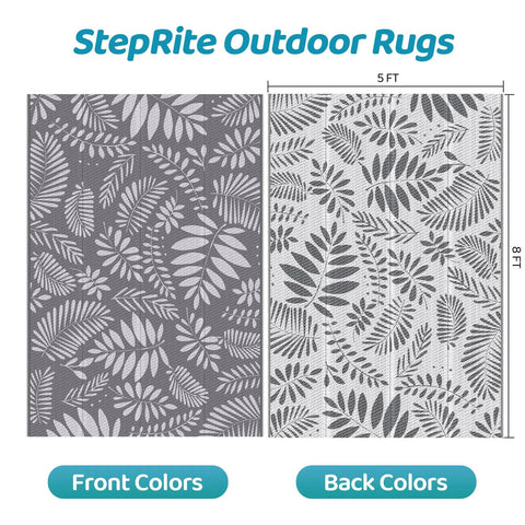 Outdoor Rug For All Weather Use Waterproof Plastic Straw Style Mat Large 5x8 Area Rug For Outdoor Living Yard Vibes Patio Deck Backyard RV Beach Balcony Porch White And Gray front and back view
