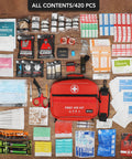 Red first aid kit with 430-piece contents displayed around it; includes bandages, gauze, scissors.