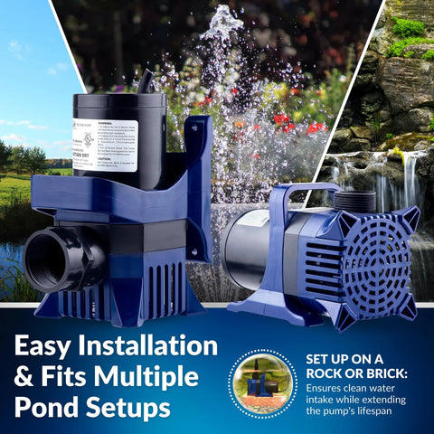 Front and side views of two blue submersible pond pumps with adapters for fountains and waterfalls
