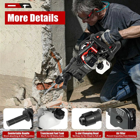 Man using Gas Powered Jack Hammer Concrete Breaker 33cc 2 Stroke Heavy Duty Demolition Tool With 1800 To 2800 BPM on wall.
