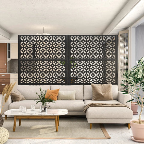 Indoor setting with Outdoor Metal Privacy Screen Dope 72 Inch Tall by 46 Inch Wide Freestanding Decorative Fence Panel, black.
