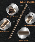 Close-up of 20 Piece 7 64 Inch Cobalt Drill Bits M35 HSS Pro Grade Heavy Duty Set with sharp tips and features labeled