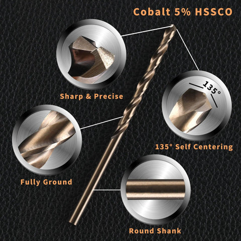 Close-up of 20 Piece 7 64 Inch Cobalt Drill Bits M35 HSS Pro Grade Heavy Duty Set with sharp tips and features labeled