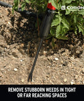 Extendable Garden Weeder with Telescoping Handle removing weeds in planter box, steel blade shown in soil for precision.