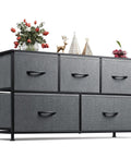 Five Drawer Fabric Dresser For Bedroom And Closet Storage, Wide Chest Of Drawers With Fabric Bins, Dark Grey, decor on top