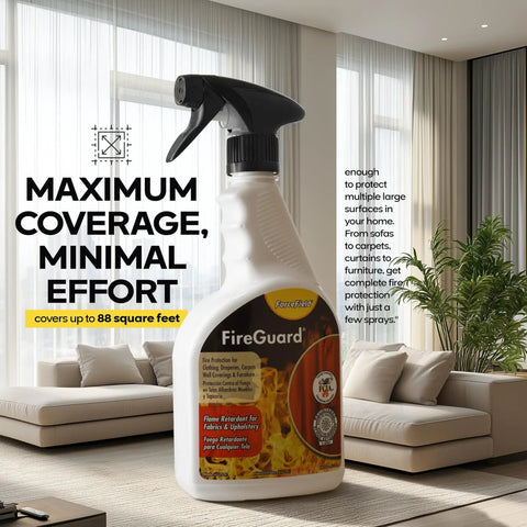 FireGuard Flame Retardant Spray for Fabrics, 22 Oz bottle, in a living room setting, safe for drapes, clothes, and upholstery.
