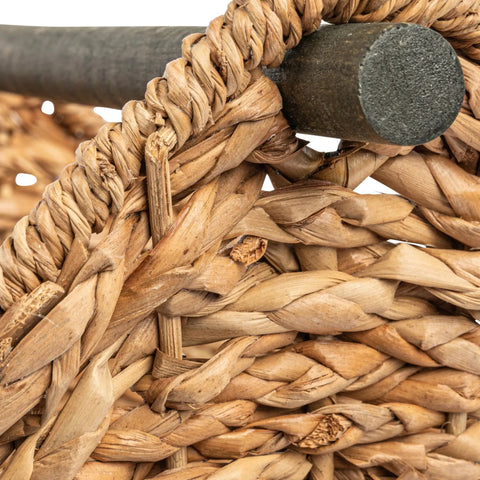 Close-up of Bankuan Braided Oval Toilet Paper Basket With Wood Bar showcasing woven wicker detail and wooden bar.