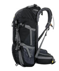 Side view of black 50L Waterproof Hiking Backpack With Rain Cover For Outdoor Adventures, featuring mesh side pockets.