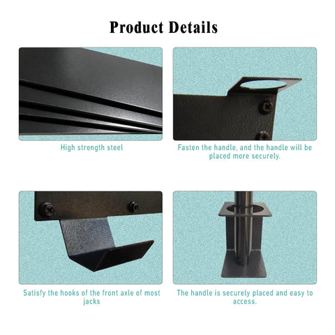 Product details of heavy duty wall mount floor jack rack showing steel build, secure handle, and hook compatibility