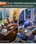 Roomy 55 Inch Home Office Desk for Gaming and Work From Home Setup, Rustic Brown Finish, shown in study and gaming configurations