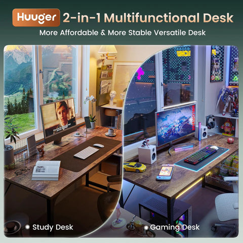 Roomy 55 Inch Home Office Desk for Gaming and Work From Home Setup, Rustic Brown Finish, shown in study and gaming configurations