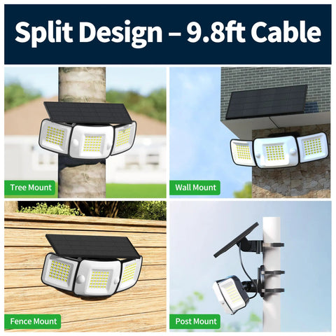 Beefy 1200 Lumen Solar Flood Light installations: tree, wall, fence, post mounts, waterproof with dual motion sensor, 9.8ft cable.