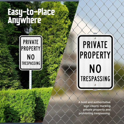 Premium Private Property No Trespassing Sign 12 X 18 Inches Reflective Aluminum Yard Board mounted on a post in greenery.