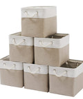 11x11 Inch Cube Storage Bins Set Of 6 Collapsible Fabric Storage Cubes With Rope Handles, Foldable Organizer Bins For Home Office Closet Clothes Toys In White And Beige, Sturdy Frame And Easy To Store stacked in pyramid.