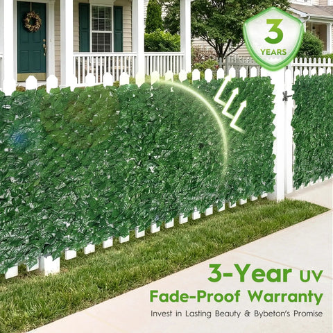 Dope Artificial Ivy Privacy Fence Screen 40 Inch By 120 Inch for patio showing dense faux leaves on white picket fence
