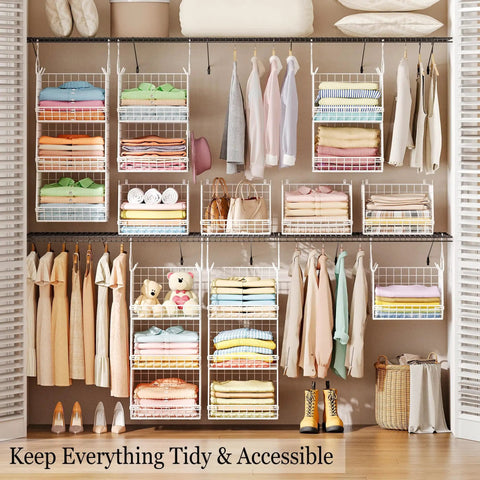 3 Tier Foldable Closet Organizer With Wall Mount And Cabinet Storage Bins displayed with shirts, sweaters, shoes, and accessories.