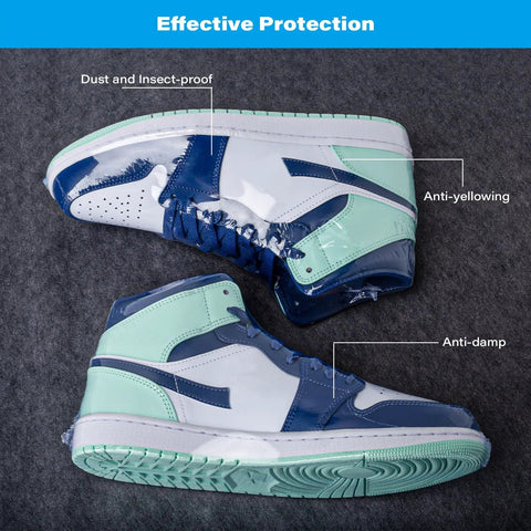 Shoe Shrink Wrap Bags Kit With 50 Pcs Of 18 By 11 Inch Bags And A Mini Heat Gun For Sneaker Storage Keep Dust Off Prevent Yellowing And Protect Your Kicks From Moisture showcasing sneaker protection features.