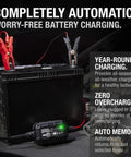 Top Shelf Smart Battery Charger And Hassle Free Trickle Maintainer delivering two amps of straight power to a battery with clips attached.