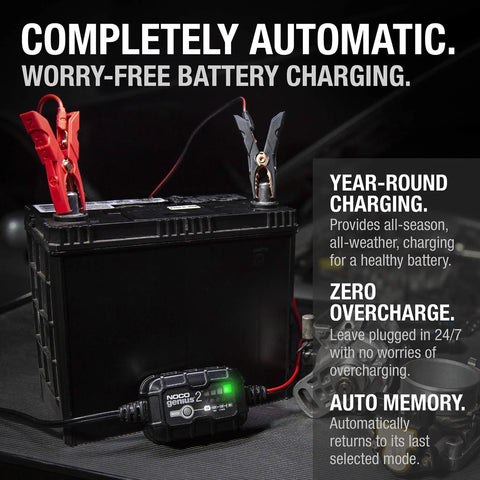 Top Shelf Smart Battery Charger And Hassle Free Trickle Maintainer delivering two amps of straight power to a battery with clips attached.