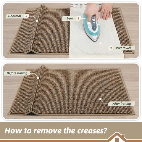 How to remove creases from Tough As Nails Dirt Trapper Door Mat For Entryway Non Slip Washable Rug using an iron and wet towel.